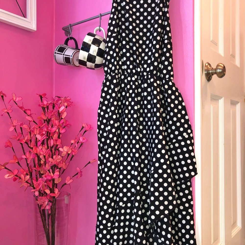 Black and white polka dot sleeveless dress